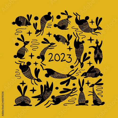 Happy chinese new year 2023 of the rabbit zodiac sign. Greeting card design. ...