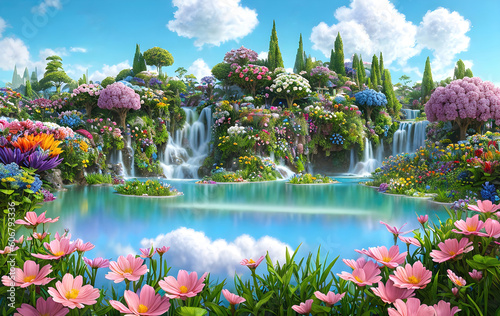 Paradise land with beautiful gardens, waterfalls and flowers, magical idyllic background with many flowers in eden. Generative Ai.