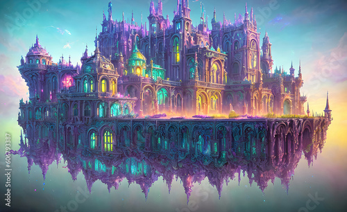 Abstract art landscape with floating magical castle illustration. Generative Ai.