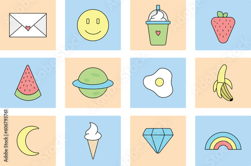 Retro stickers doodle colorful art with different elements