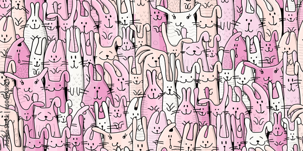 Funny Bunnies family. Seamless pattern background with Rabbits. Symbol of 2023 chineese new year. Cute characters, childish style. Vector illustration