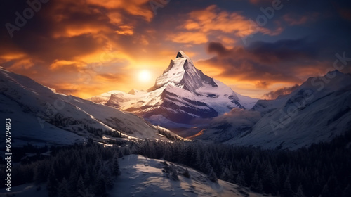 Snowy mountain at sunset