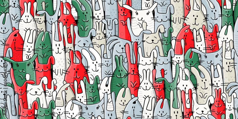 Obraz premium Funny Bunnies family. Seamless pattern background with Rabbits. Symbol of 2023 chineese new year. Cute characters, childish style. Italy flag colors. Vector illustration