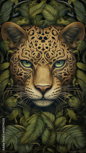 leopard in tropical forest. art nouveu, art deco print design for wallpaper and print photo