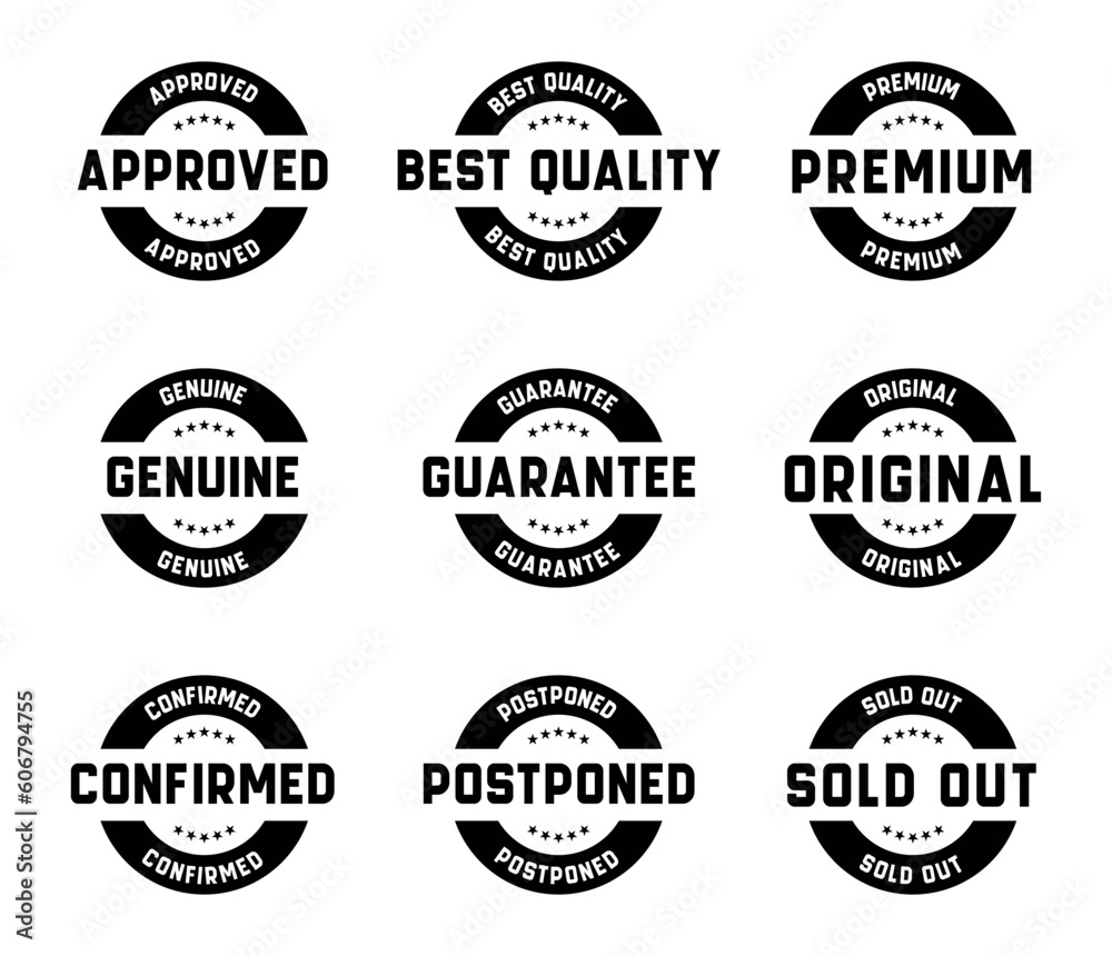 Stamp design set - premium quality, guaranteed, approved, sold out, postponed, confirmed, genuine, original.	