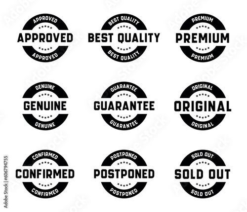 Stamp design set - premium quality, guaranteed, approved, sold out, postponed, confirmed, genuine, original. 