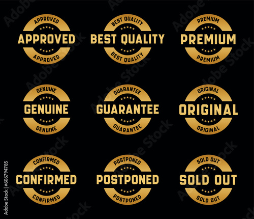 Gold Stamp design set - premium quality, guaranteed, approved, sold out, postponed, confirmed, genuine, original. 