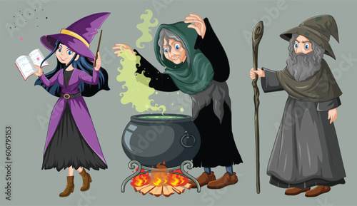 Set of wizard or witches with magic tools cartoon style isolated By The greatest graphics