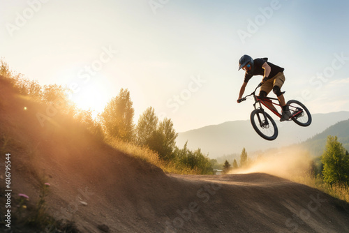 unrecognizable Skilled mountain biker jumping