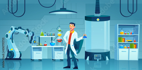 Vector of a science laboratory and a man researcher with lab flask, robotic hand, capsule for experiments