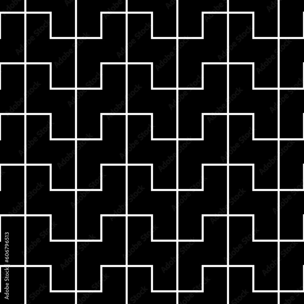 Black zigzag shaped blocks on white background. Repeated figures wallpaper. Seamless surface pattern design with polygons. Mosaic motif. Digital paper for page fills, web designing. Vector art. Black zigzag shaped blocks on white background. Repeated figures wallpaper. Seamless surface pattern design with polygons. Mosaic motif. Digital paper for page fills, web designing. Vector art.