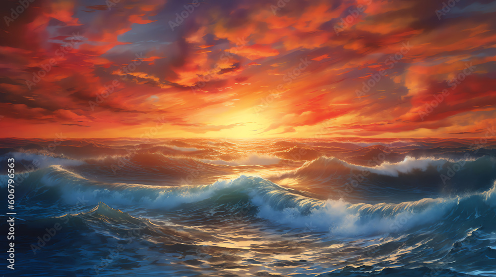 Fototapeta premium The depiction of a breathtaking sunrise over the ocean. generative AI