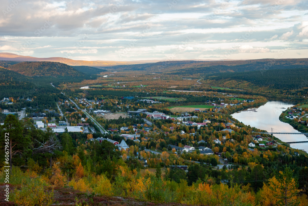 View of Karasjok village and Karasjohka River in autumn from Oalgevarri hill, Finnmark, Norway
