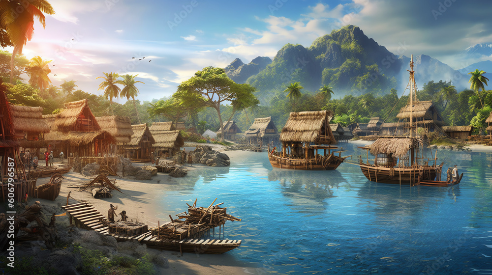Naklejka premium The depiction of a mesmerizing ancient Polynesian landscape. generative AI