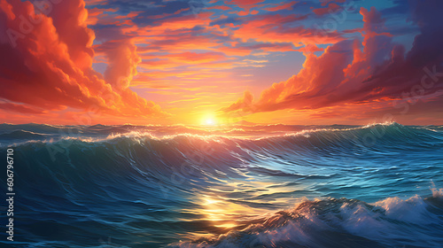 The depiction of a breathtaking sunrise over the ocean wallpaper. generative AI