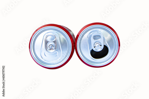 Aluminum not rust red can soda or soft drink beverage. top view. Open lid close  and drink. It is popular all over the world. Isolated on white background. can be recycled and used again