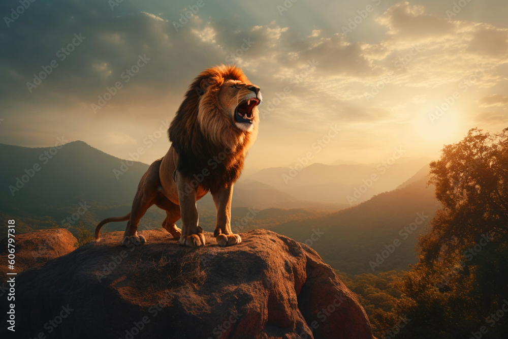 Lion roars on a rock in the background of wildlife, King of beasts at sunset. generated ai Lion roars on a rock in the background of wildlife, King of beasts at sunset. generated ai