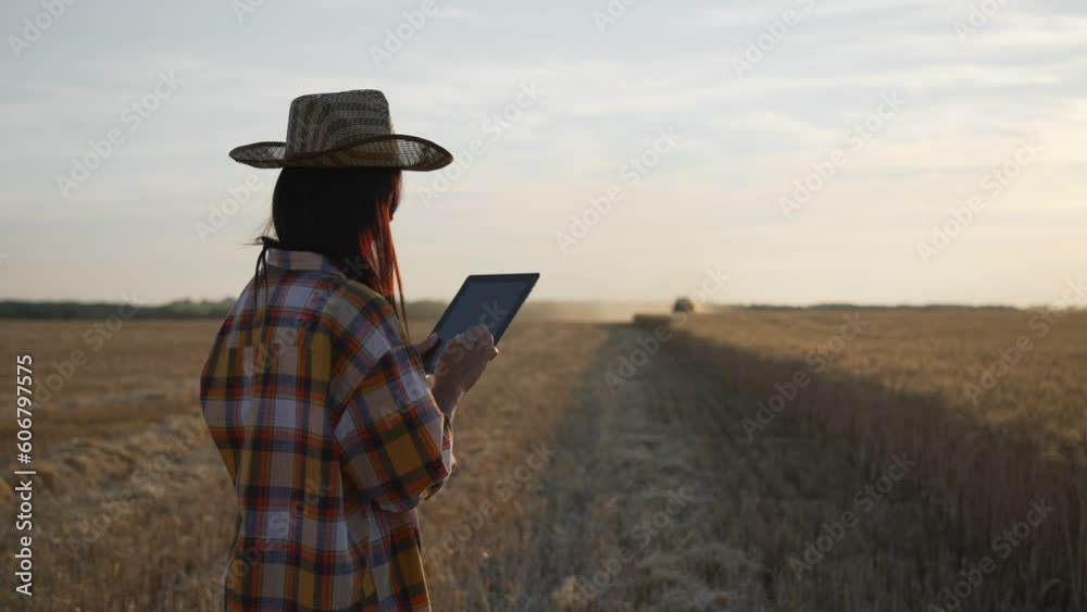 Woman farmer in wheat field holding digital tablet and typing on screen. Working combine harvester harvesting in background on sunset. Control quality and process of collected crop with technical. Woman farmer in wheat field holding digital tablet and typing on screen. Working combine harvester harvesting in background on sunset. Control quality and process of collected crop with technical.