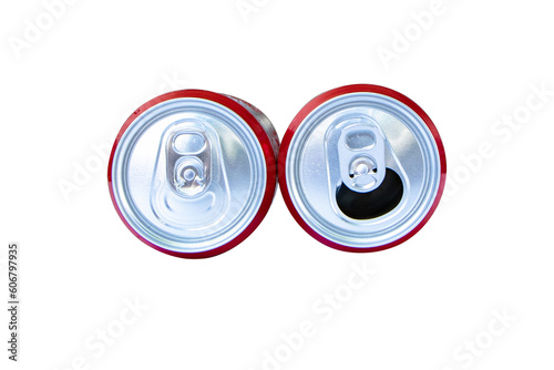 Aluminum not rust red can soda or soft drink beverage. top view. Open lid close and drink. It is popular all over the world. Isolated on cut out PNG. can be recycled and used again