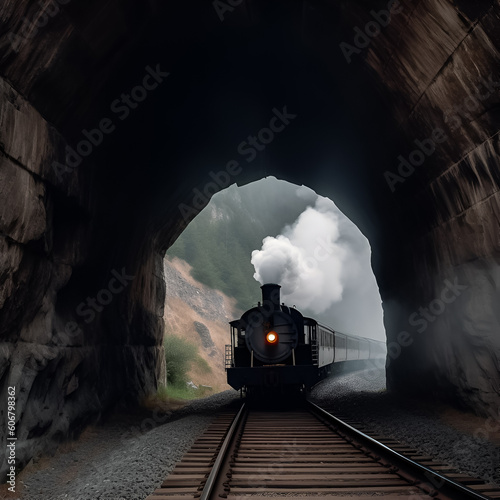 Old steam train in tunnel. Illustration, generative ai.