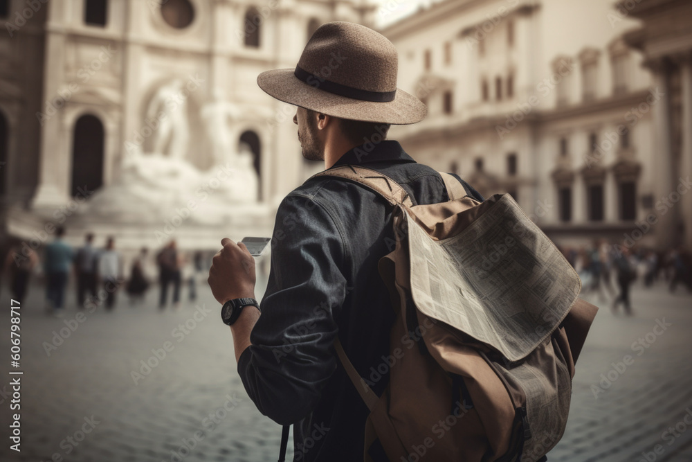 Unrecognizable man exploring a new city or traveling to a foreign destination with a backpack map and a sense of adventure in discovering new cultures and places,