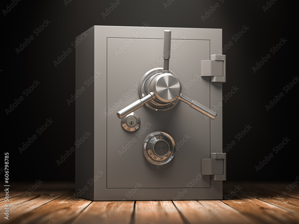 Bank vault safe in dark rooom.. Security and protection. - obrazy, fototapety, plakaty 