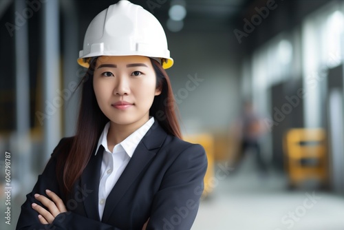 woman portrait employee smile job industry helmet industrial asian engineer business. Generative AI.