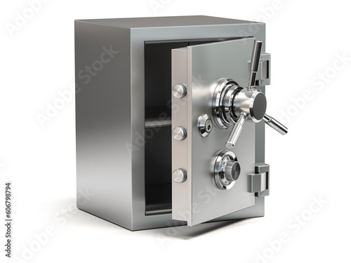 Open bank vault safe isolated on white. Security and protection.