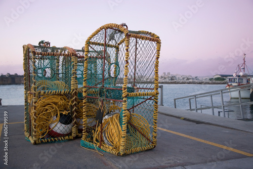 Crayfishing nets on the quayside of the Lambert's Bay harbor, a small fishing vilage on the West Coast of South Africa, Western Cape.