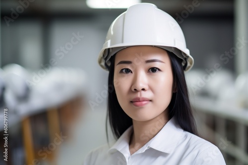 business woman asian helmet smile industry industrial portrait worker job engineer. Generative AI.