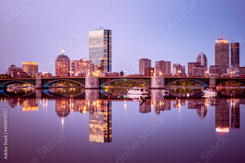 Boston in Massachusetts  USA at sunrise showcasing the skyline of the Back Bay neighborhood.