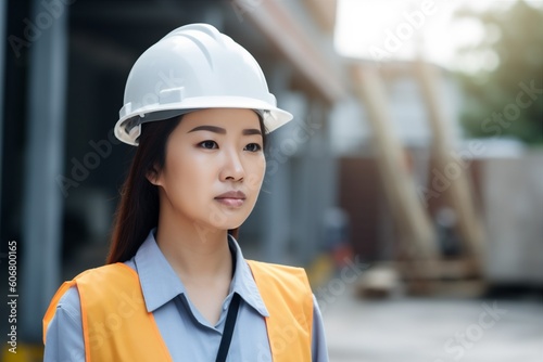 woman smile industry job engineer asian helmet architecture business portrait industrial. Generative AI.