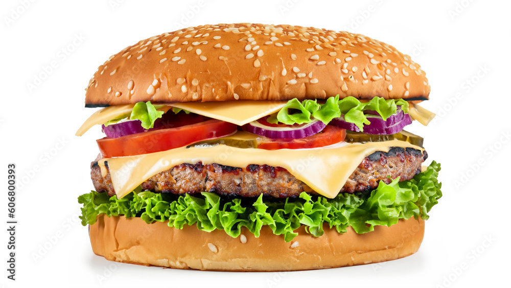 Big fresh burger with cheese, tomato, lettuce, pickles and mayonnaise isolated on white background Big fresh burger with cheese, tomato, lettuce, pickles and mayonnaise isolated on white background