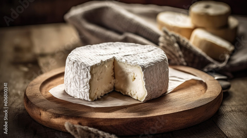 Gourmet and Authentic: Culinary Photography of Savory Cheese Arranged on a Natural Wooden Platter, AI photo