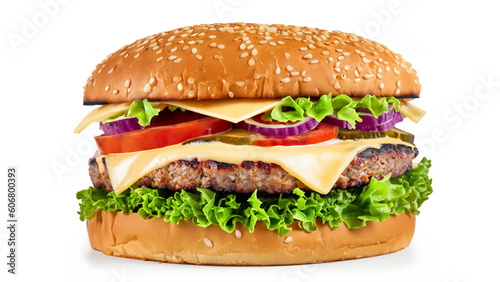 Big fresh burger with cheese, tomato, lettuce, pickles and mayonnaise isolated on white background