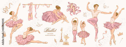 Hand drawn sketch ballet set. Vector illustration