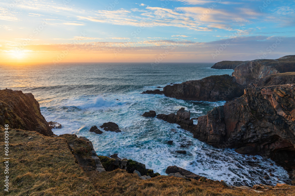 The stunning coastline at Mangersta during sunset on the Isle of Lewis, Outer Hebrides, Scotland.