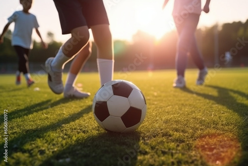 unrecognizable School Children Play Soccer Football Training Game With Coach, unrecognizable Kids Kicking Sports Balls on Grass Field, Football Practice For Youth