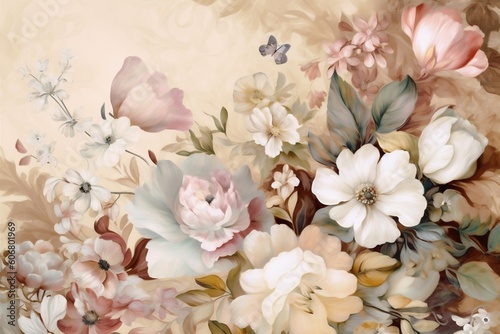 flower wallpaper seamless peony illustration fashion design background leaf delicate watercolor. Generative AI.