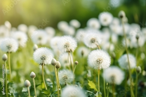 White fluffy dandelions natural green blurred spring background selective focus 