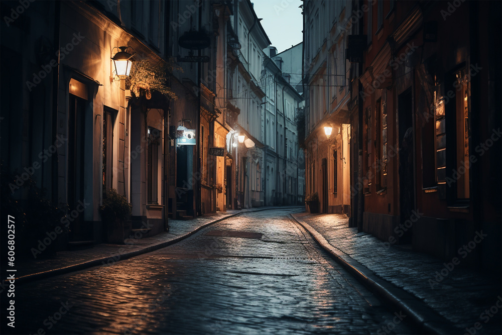 An empty european street at night.Nobody.Created with generative ai