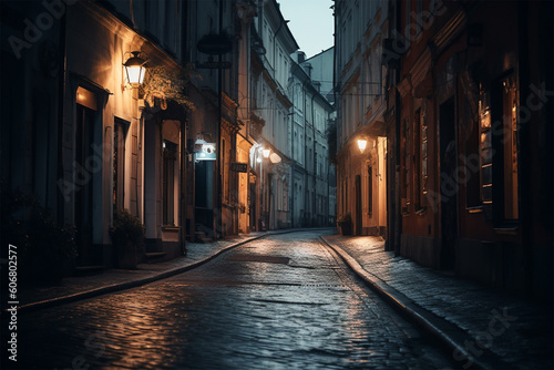 An empty european street at night.Nobody.Created with generative ai © leo10
