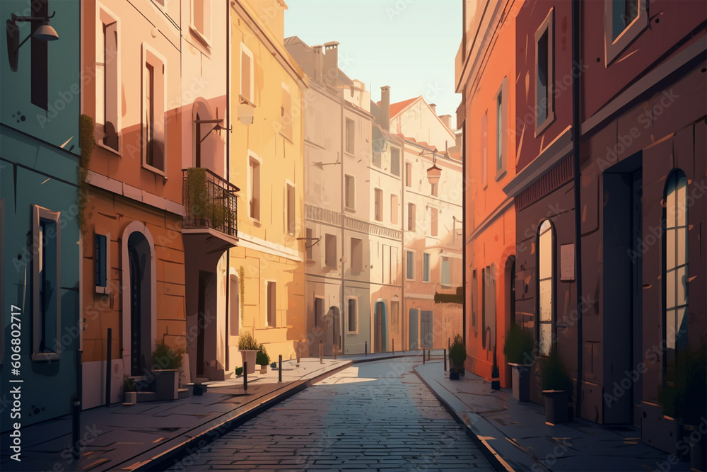 illustration of an empty european street at daytime.Nobody.Created with generative ai