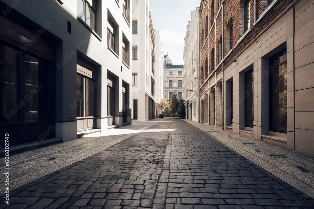 An empty european street at daytime.Nobody.Created with generative ai
An empty european street at daytime.Nobody.Created with generative ai