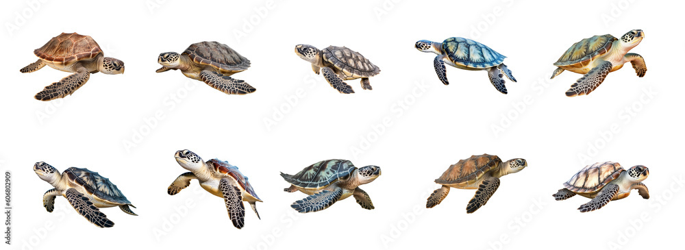 Obraz premium Different sea and ocean turtles set, isolated on transparent background cutout, png.