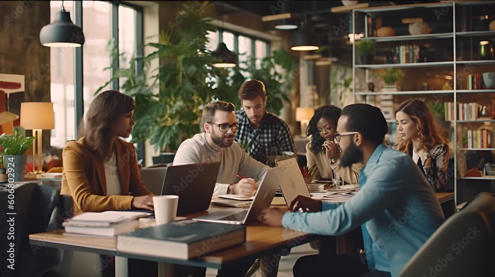 A group of professionals collaborating in a modern office setting, working together on a project, promoting teamwork and productivity in the workplace.