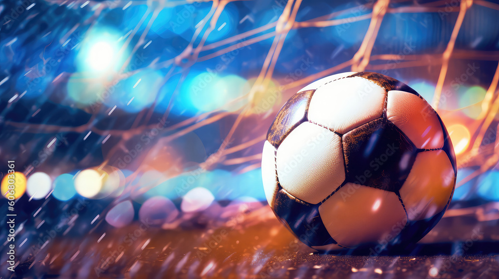 Fototapeta premium Soccer ball in goal on blue and orange background (ai generated)