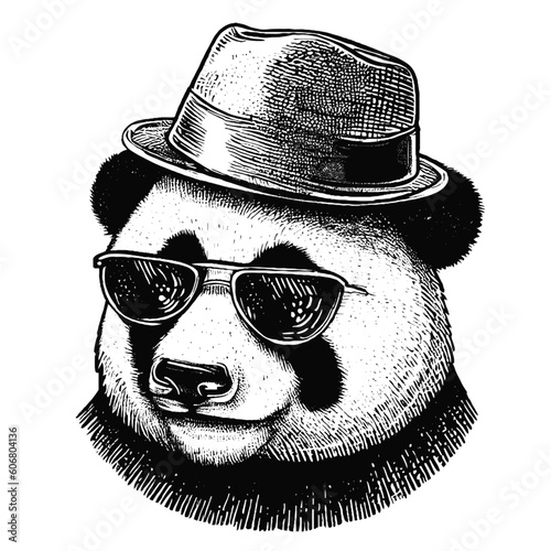 cool panda wearing hat and sunglasses vector sketch