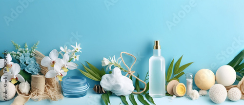 natural cosmetics, ingredients and bathroom or spa accessories arranged on blue banner background, Generative AI