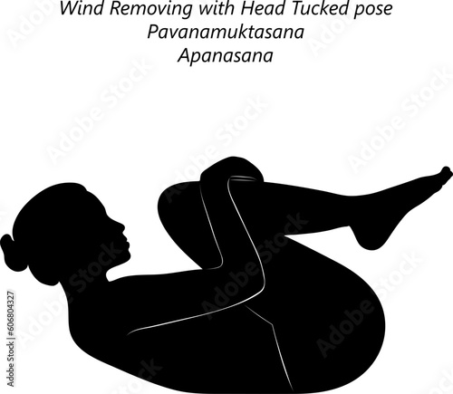 Silhouette of young woman practicing yoga, doing Wind Removing with Head Tucked pose. Pavanamuktasana. Apanasana. Supine and Forward Bend. Vector illustration isolated on transparent background.